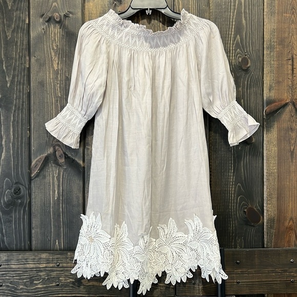 Anthropologie HD in Paris Off Shoulder Mini Dress XS Lace Appliques Smocked Boho - Picture 2 of 12